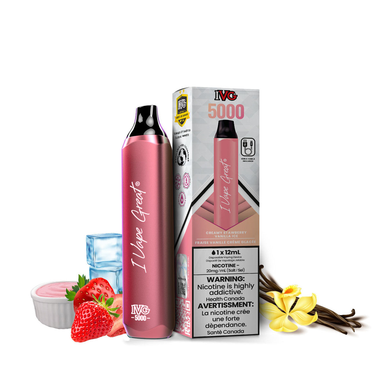 Ivg 5000 Icy Smooth Strawberry White (Creamy Strawberry Vanilla ice) 20mg/mL disposable