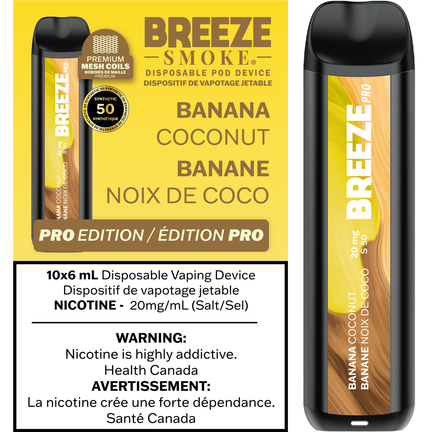 Breeze Pro Synthetic 50 2000 Banana Coconut 20mg/mL disposable (Provincial)
