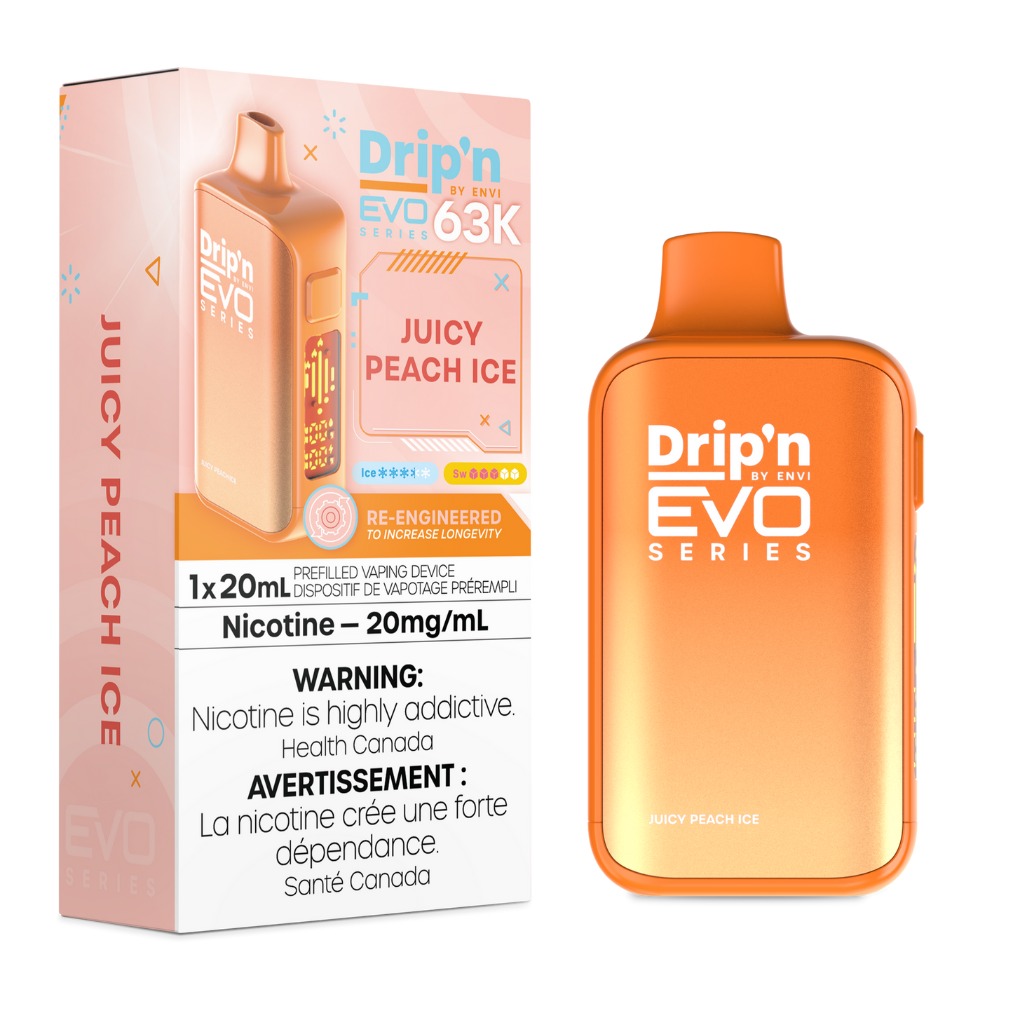 Drip’n EVO 63K Juicy Peach Ice 20mg/ml Disposable (Provincial)