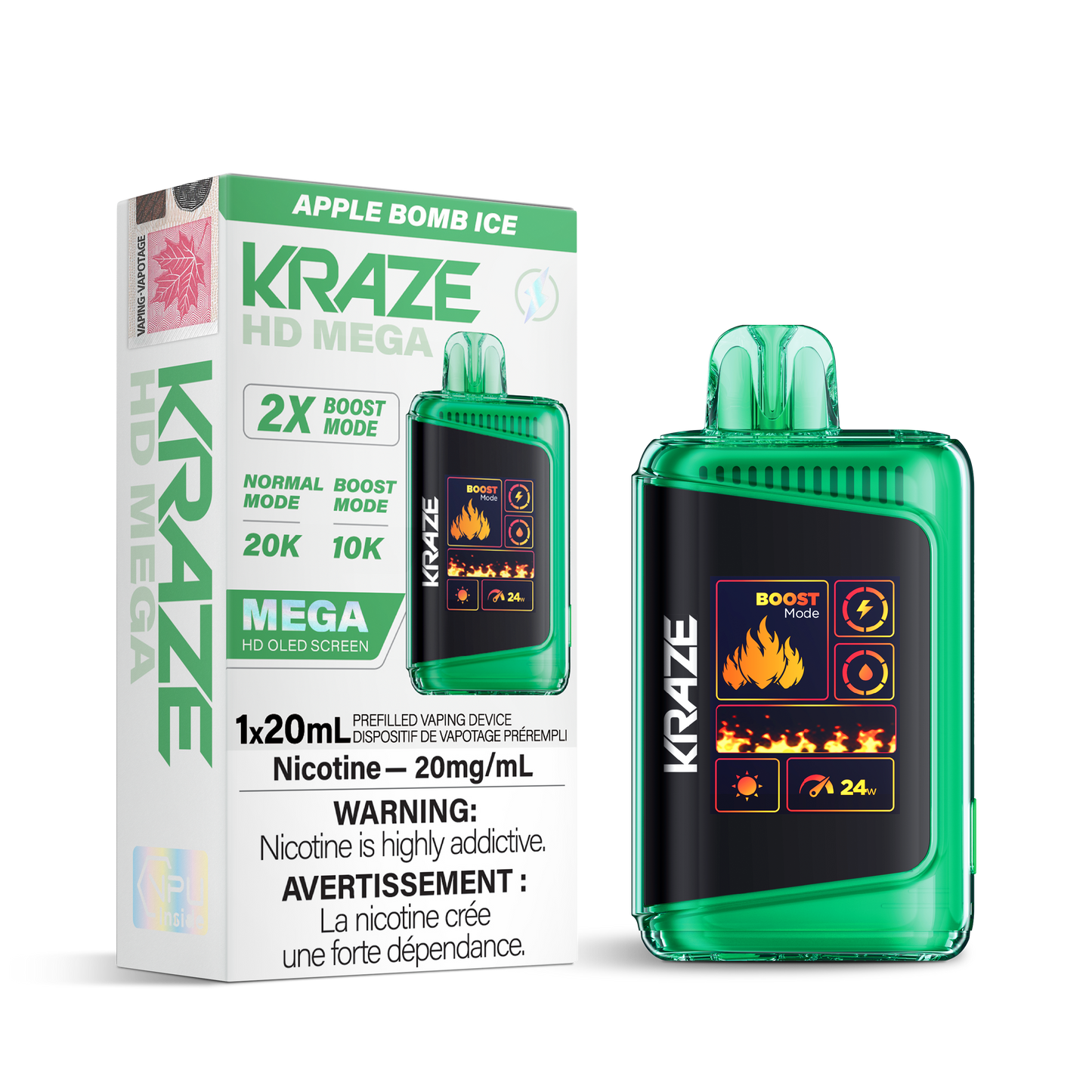 Kraze HD Mega 20K Apple Bomb Ice  20mg disposable (Provincial)