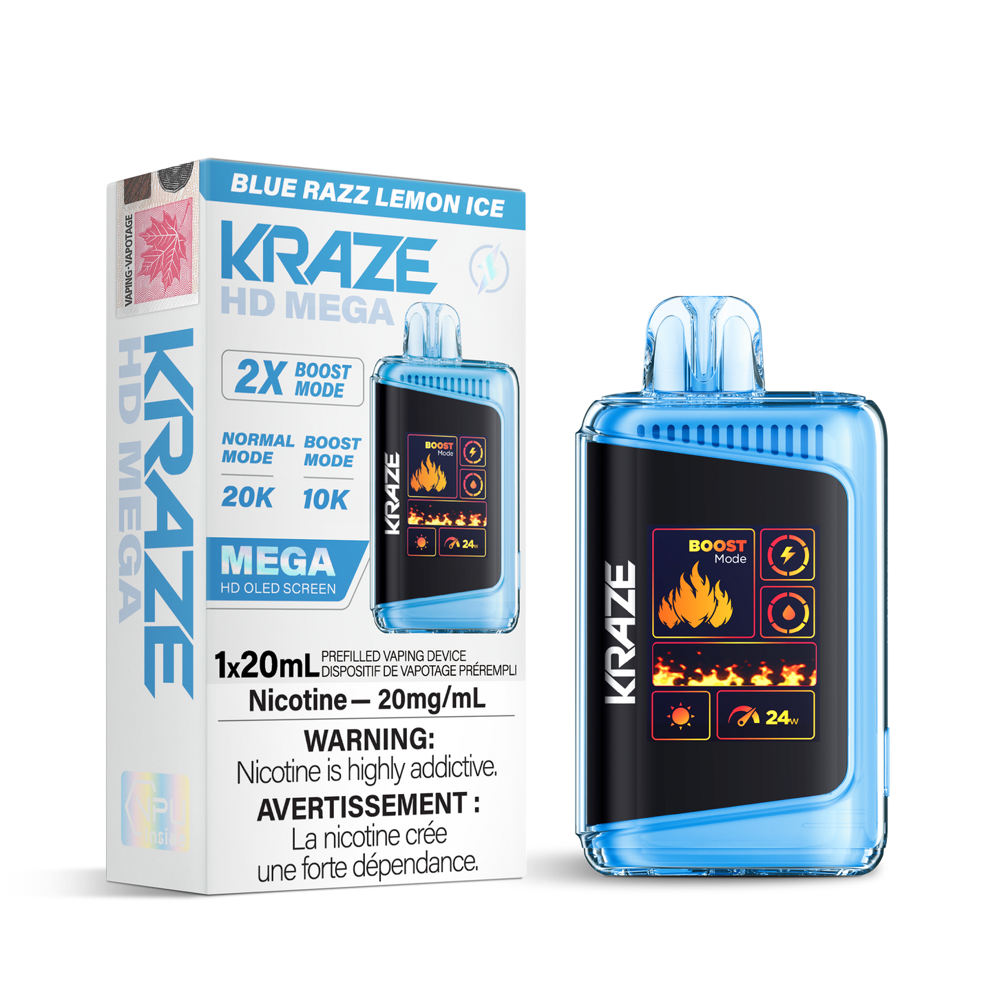 Kraze HD Mega 20K Blue Razz Lemon Ice 20mg/mL disposable (Provincial)