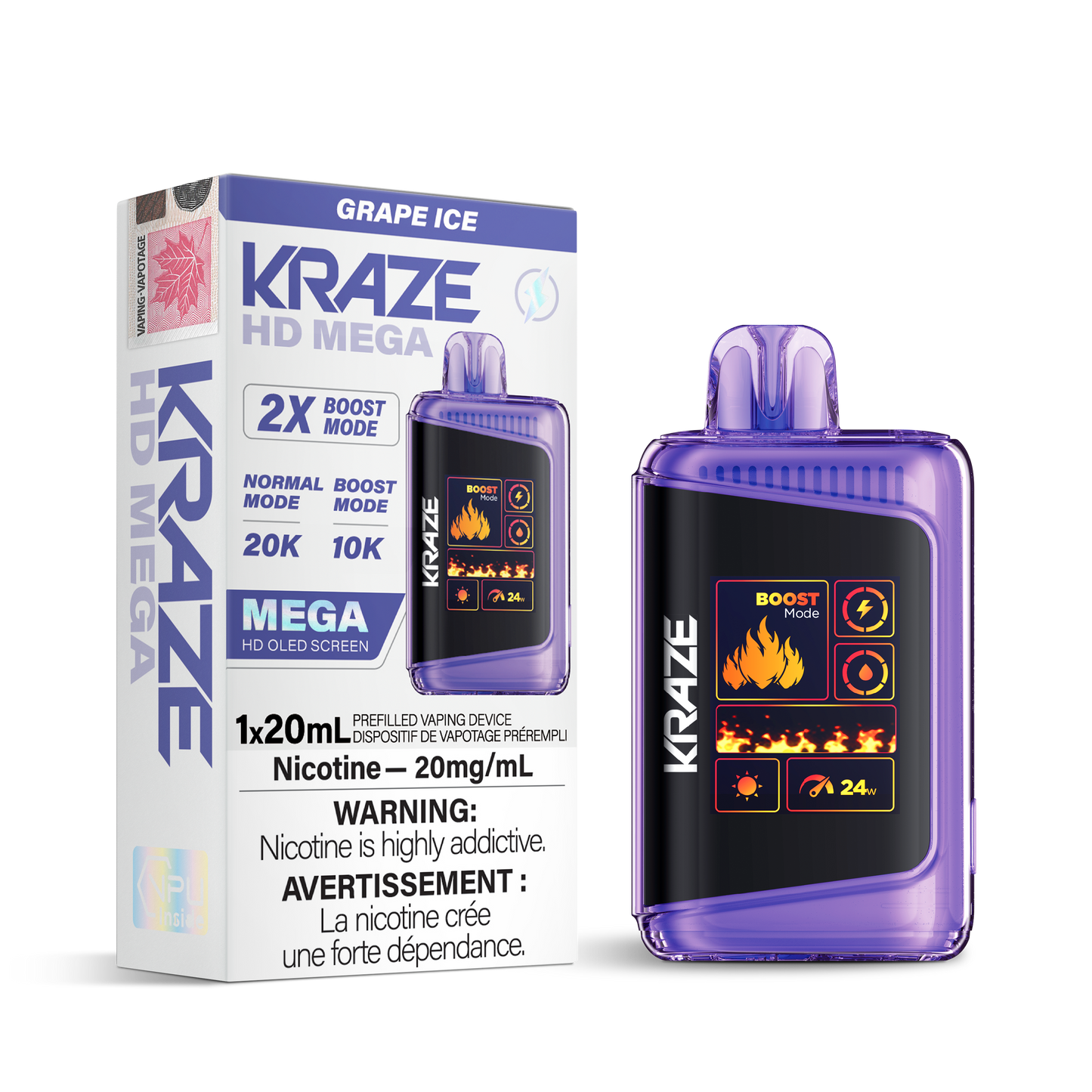 Kraze HD Mega 20K Grape Ice 20mg disposable (Provincial)
